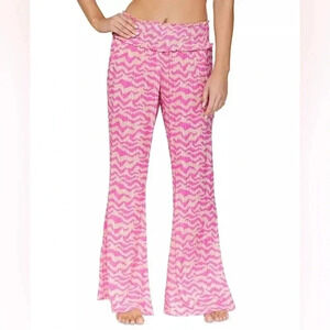 Pink Zebra Print Flare Pants Sz.M Smocked High Waist Lounge Beach‎ Cover Up NWT